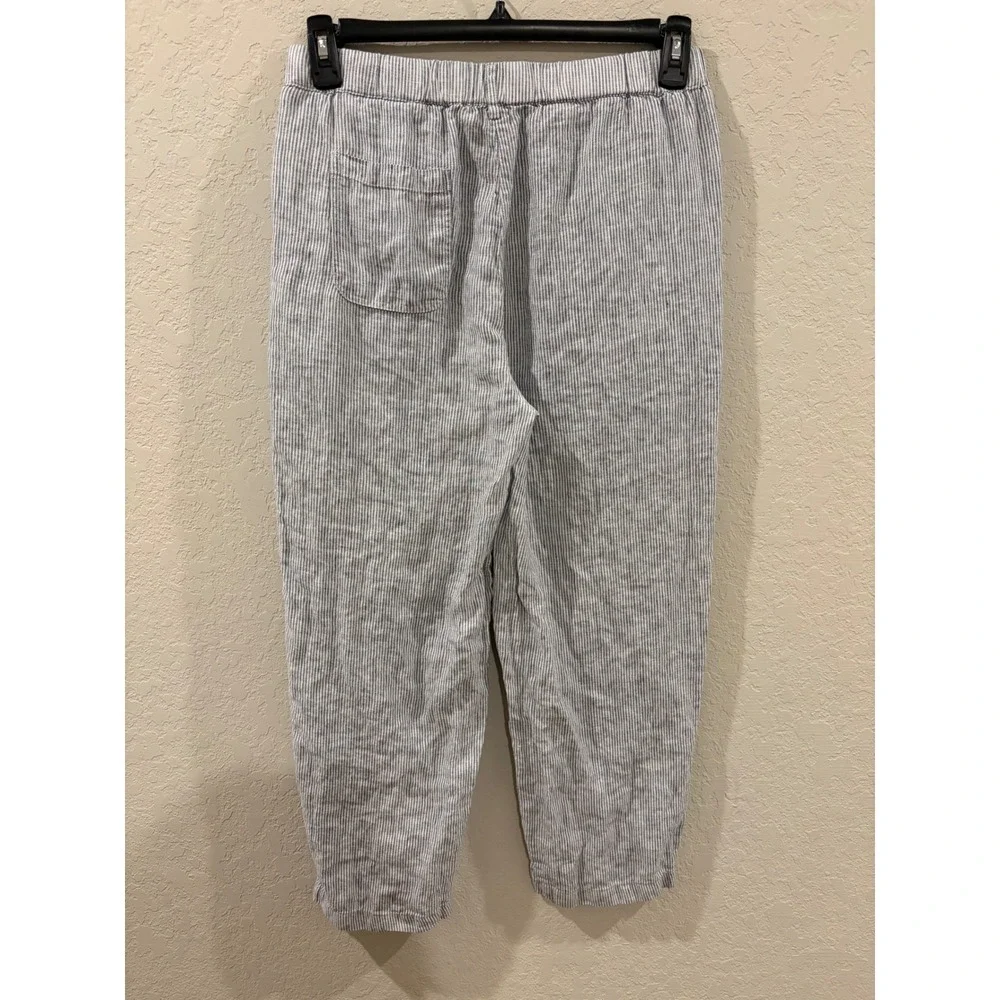 Quince 100% Linen Striped Pants Blue White Elastic Waist Cropped Trousers M